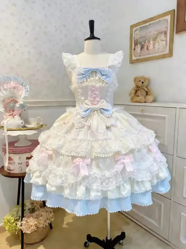 Lolita Kawaii Y2k Long Sleeve Strap Dress Japanese Knee-Length Women Elegant Lace Bow Patchwork Ball Gown Sweet All Season