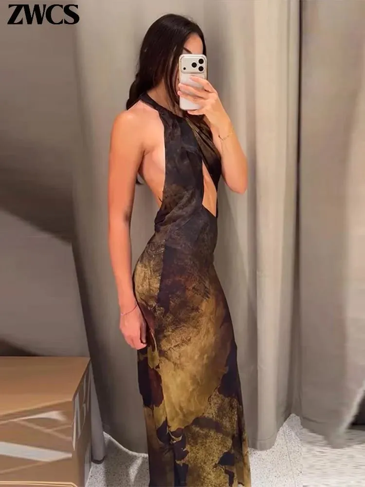 Sexy Printed Halter Backless Party Gowns 2026 New Female Slim Hollow-out Sleeveless Long Robes Women's Club Bodycon Dresses