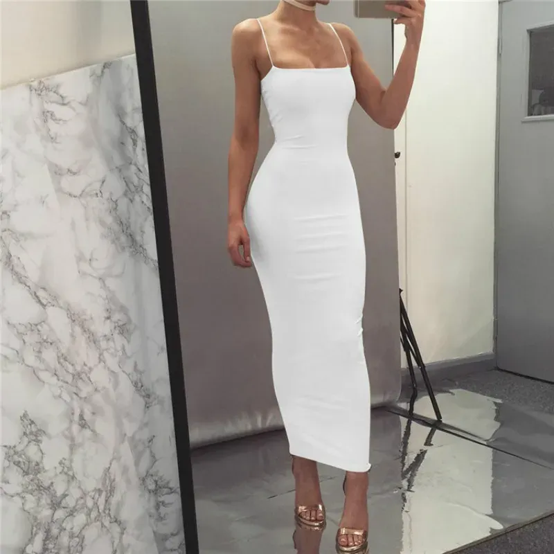 Women Sexy Bodycon Maxi Dress Spaghetti Strap Long Slip Dress Club Party Evening Wear Summer Fashion Dress