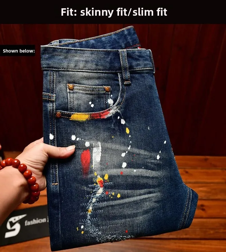Paint Print Retro Jeans for Men Street Style Trendy Handsome Men's Clothing Distressed Slim Fit American Style Men's Pants