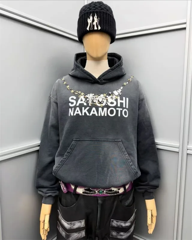 Autumn/Winter SN Necklace Letter Print Washed Vintage Hoodie High Street Casual Cotton Loose Sports Versatile Trendy Tops Men