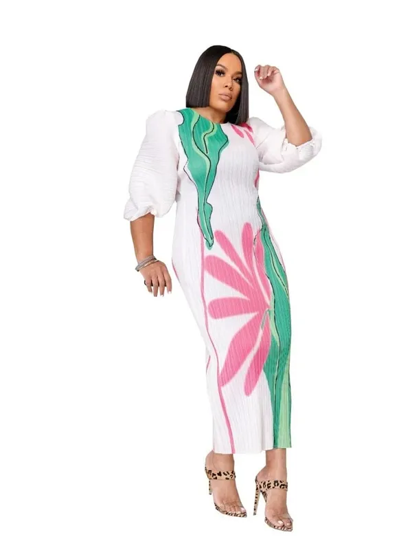 Wmstar vestidos femininos atacado moda senhoras de alta qualidade lanterna manga plissada flor impressão em torno do pescoço maxi vestido novo verão