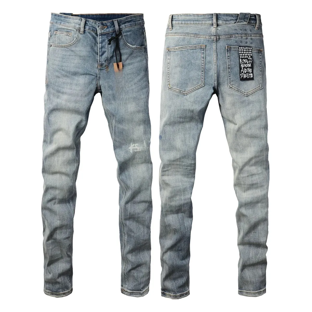 Men's High Street Light Blue Washed Distressed Denim Jeans With Embroidered Letter Motif Button Fly Suitable For All‑Season Wear