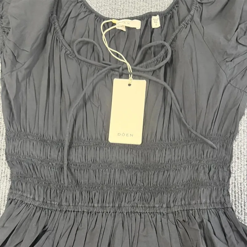 Quinn Style Women Pleated Midi Dress Elegant Puff Sleeve Smocked Waist Organic Cotton Poplin Casual Flare A-Line Dress