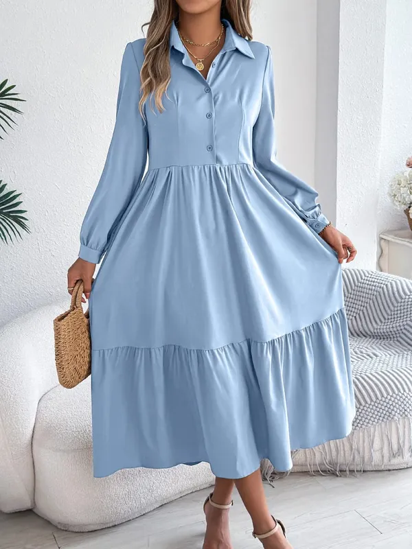 Women Fall Elegance Lapel Collar Button Front Shirt Dress Ruffle Trim Solid Midi Long Sleeve Wedding Dresses