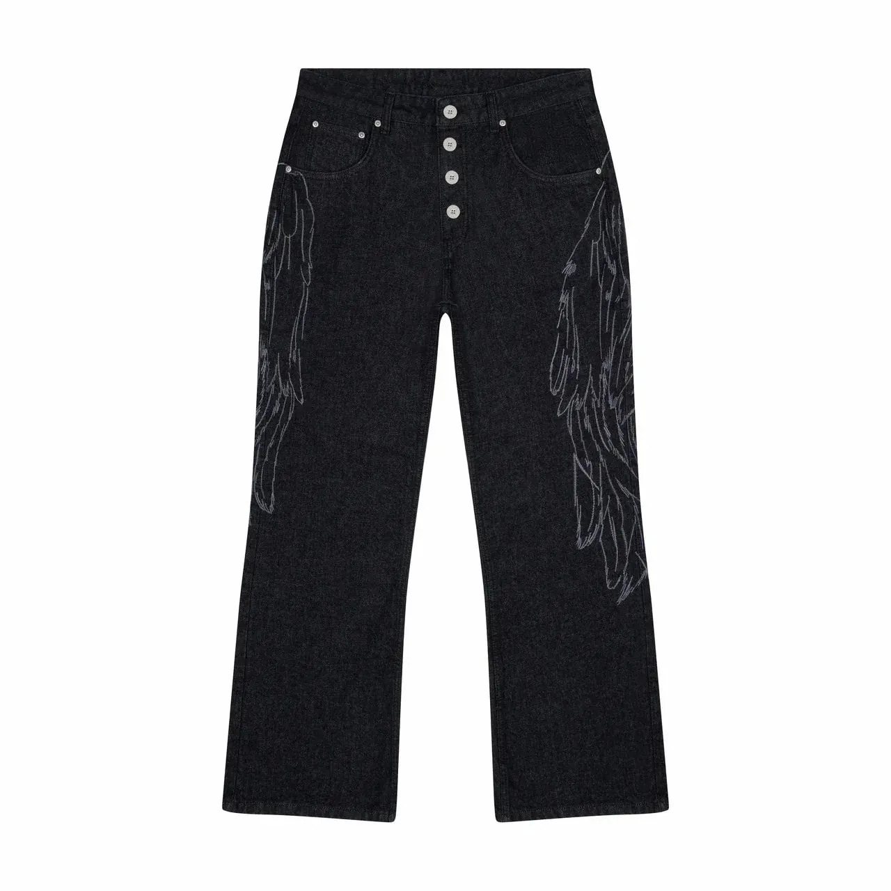 Black Winged Angel Skull Embroidered Baggy Denim Jeans Men Y2K Streetwear Vintage Oversized Cotton Casual Hip Hop Fashion Pants