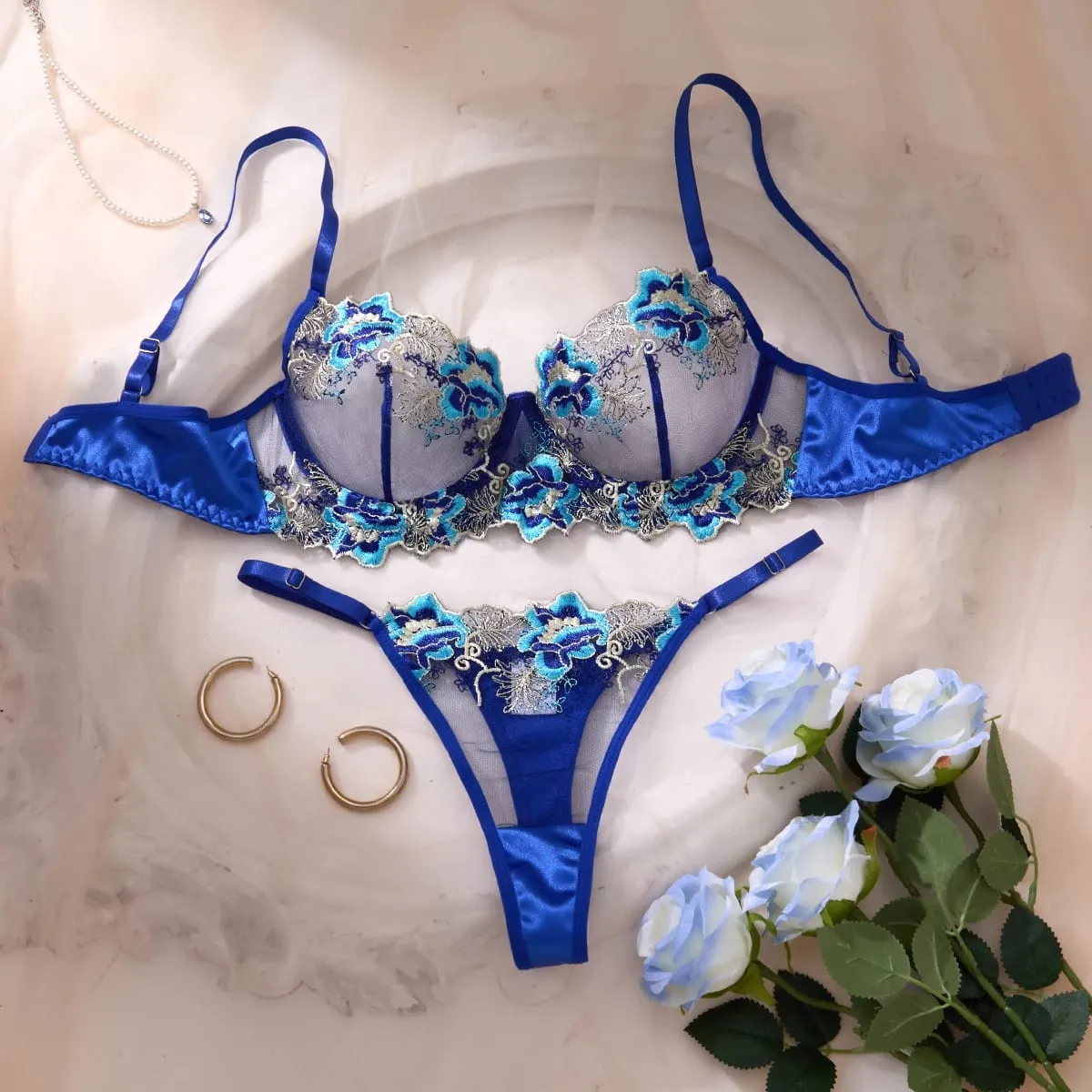 Royal Blue Floral Embroidery Satin Mesh Lingerie Set Underwire Bra With Matching Thong Women Sexy Intimates ZA825146