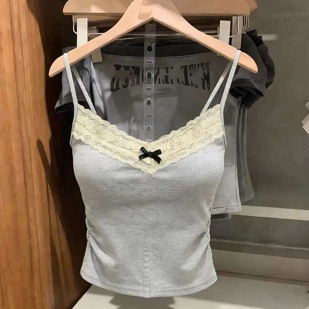 2026เกาหลีY2k Crop Topฤดูใบไม้ผลิฤดูร้อนลูกไม้Tank Topผู้หญิงCroppedน่ารักCamisเสื้อกั๊กเซ็กซี่สีขาวCrop Topsเสื้อกั๊กcoquette