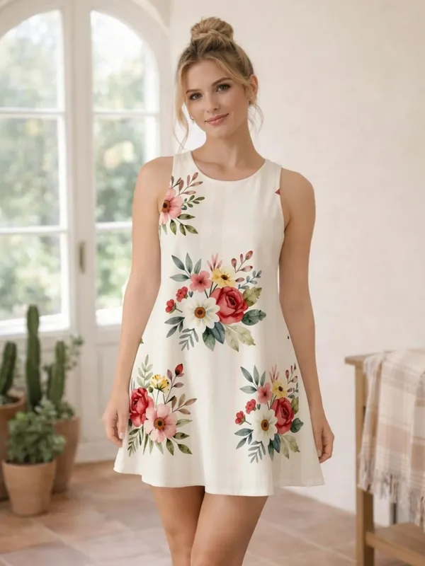 Womens Floral Sleeveless A Line Mini Dress Round Neck Casual Sundress for Resort Patio Weekend Travel and Daily Wear Elegance