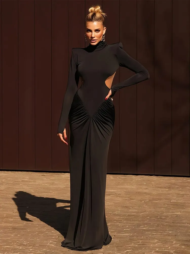 Robe Maxi dos nu pour femmes, épaulettes, manches longues, sans taille, fesses de pêche froncées, élégantes, slim, pour Banquet