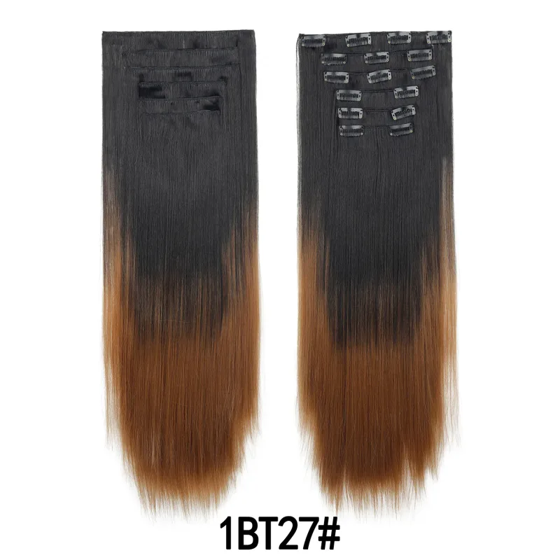 6 ชิ้น 24 นิ้วสี Ombre คลิปต่อผมยาวสังเคราะห์ตรง Hairpieces Layered นุ่มคลิปที่มองไม่เห็น Ins Extensions