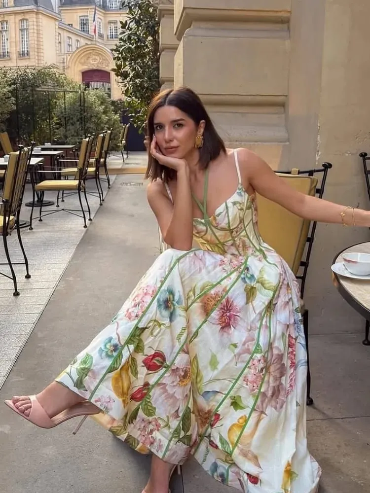 Printed Sleeveless Halter Long Dress Women Chic Waist Cinching A-line Sling Slim Fit Dresses Lady Spring Summer Vacation Gown