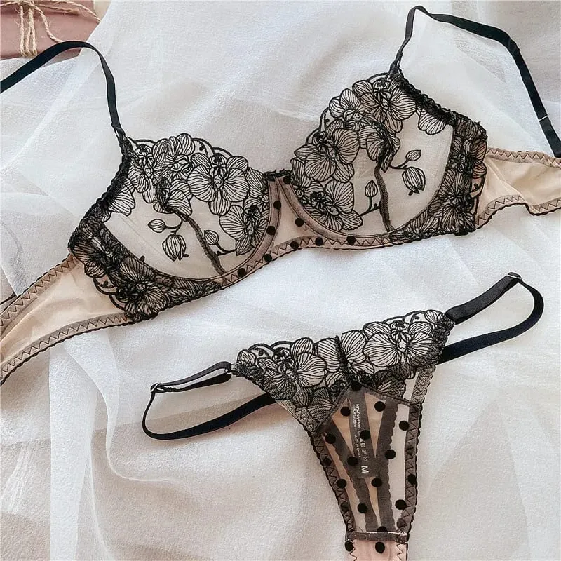 French Sexy Lace Flowers Embroidery Bra Set Summer Dot Women Ultra Thin Underwear Wide Version Breathable Lingerie Thong Sets