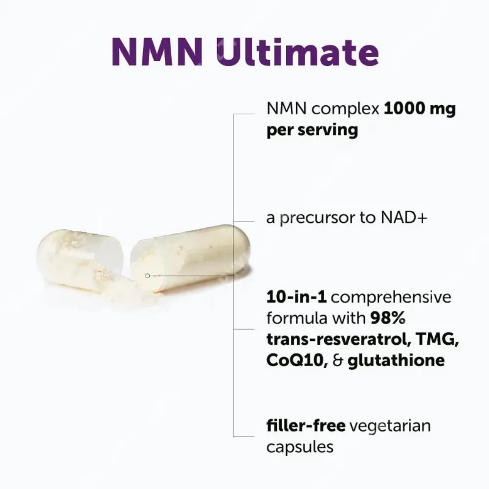 NMN-Kapseln 1000 mg pro Portion mit Resveratrol CoQ10, Vitamin C, vegane Formel, tägliche Wellness-Ergänzung, saubere Inhaltsstoffe, 120 ct
