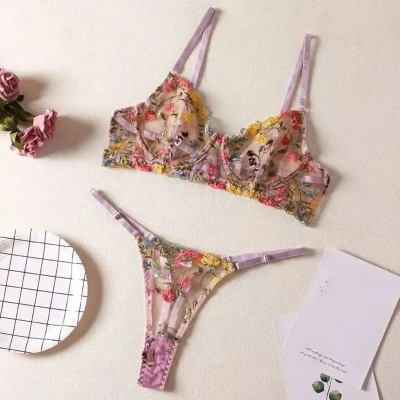 2-Piece Fashion Floral Lingerie Set Sheer Embroidery Underwear Intimates Versatile Underwire Push-up Bra Panty Set For Lady Girl