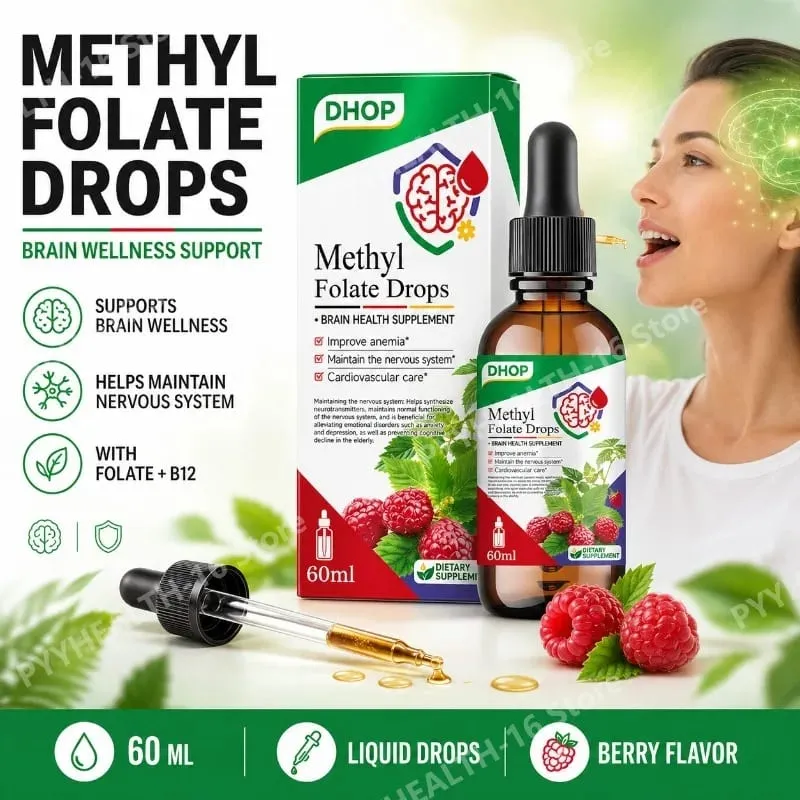 Methyl Folate Drops Liquid with Folate and Vitamin B12 Supports Brain Health for Nervous System Care - 120 Servings