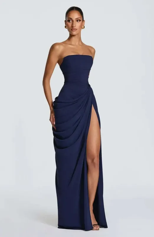 Women Strapless Pleated Long Dress Elegant Solid Split Sleeveless Backless High Waist Slim Fit Maxi Dresses 2026 Lady Party Robe