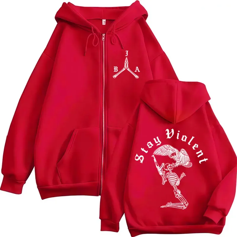 Stay Violent Brothers in Arms Skeleton Printed Zipper Hoodies Men Women Zip Up Hooded Sweatshirts Vintage Pullovers Jackets Coat
