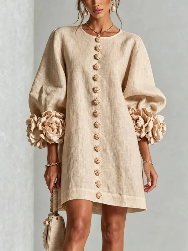 Women Spring Autumn 3D Flower Long Lantern Sleeve Cotton Linen Mini Dress Solid Crew Neck Loose Elegant Daily Wear Short Dress