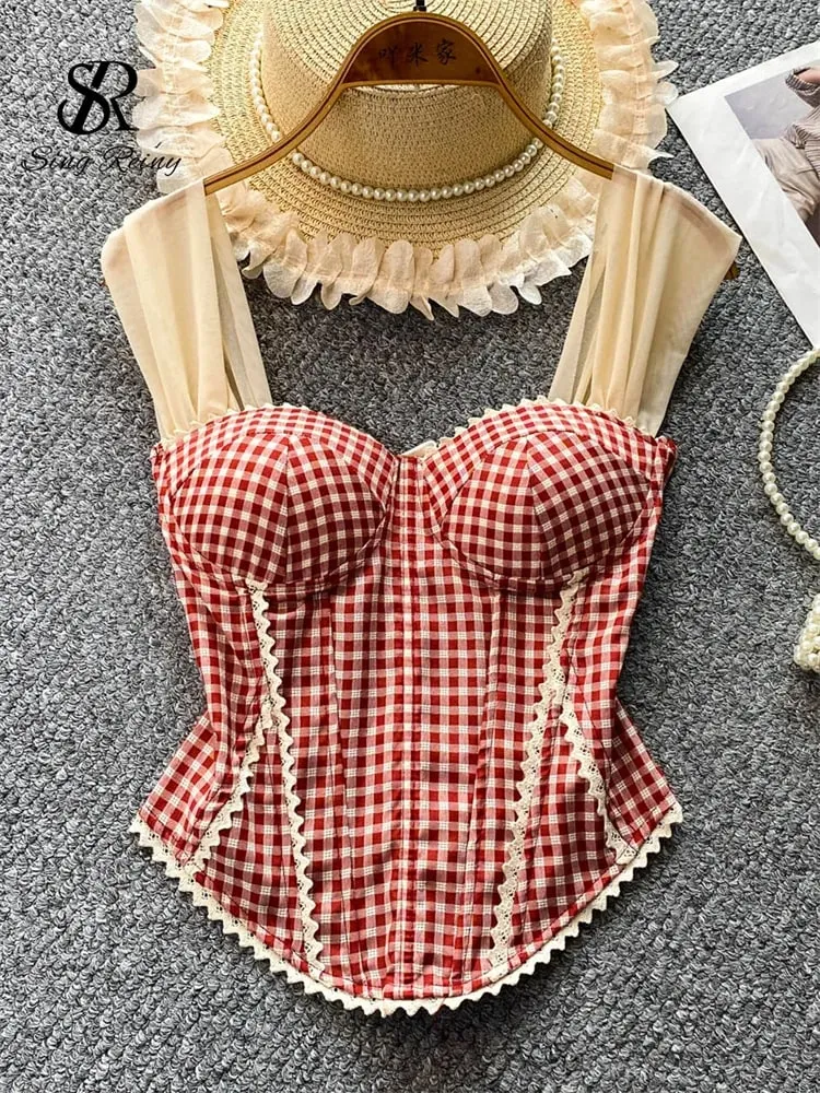 American Retro Print Evening Camisole Female Strap Lace Spliced Slim Top 2025 Streetwear Floral Vintage Beach Tank Top