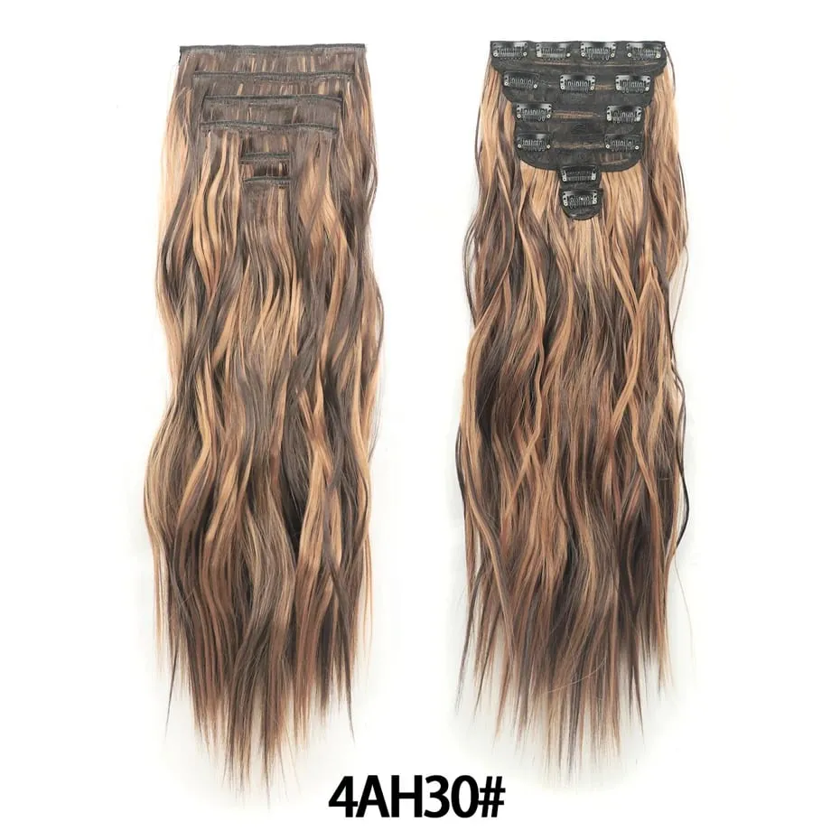 6PCS Clip in Hair Extensions Honey Blonde Mixed Light Brown 24 Inch Long Water Wavy Synthetic Hair Extensions For Women Use