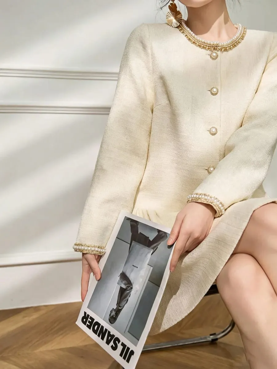 2026 Spring Luxury French Midi Dress Elegant Long Sleeve Dress with Rhinestone & Bead Inlay High-class Noble Princess Style