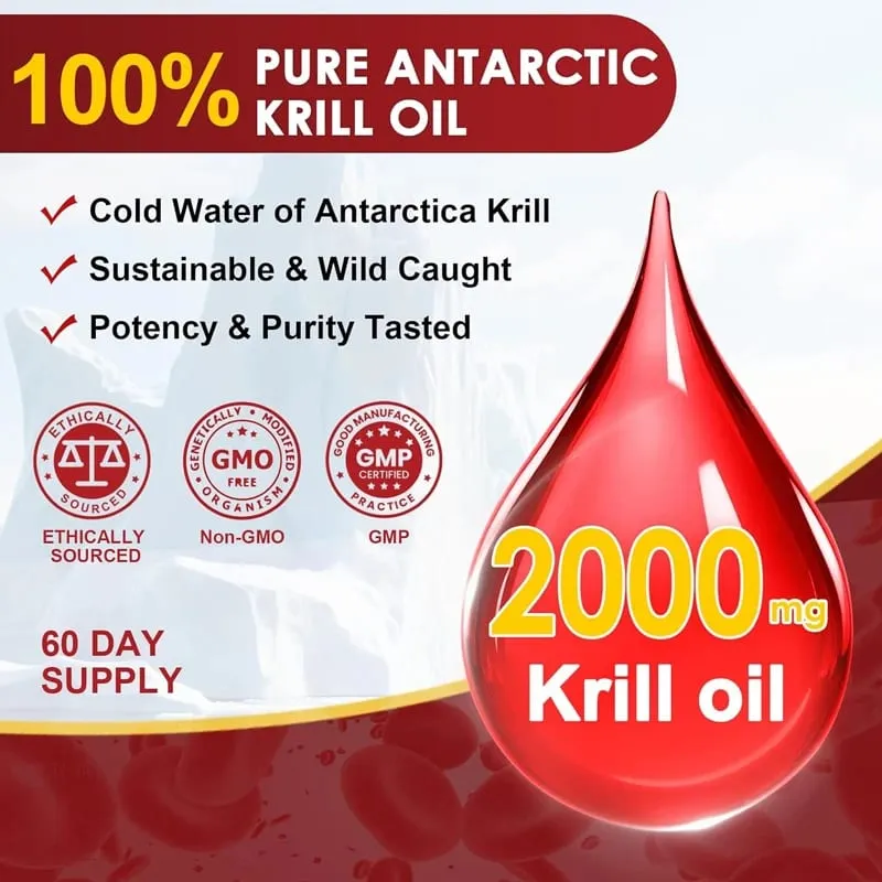 Antarctic Krill Oil Capsules 2000 mg Supplement with Astaxanthin Omega-3 EPA DHA Support Brain Joint Skin Heart Health