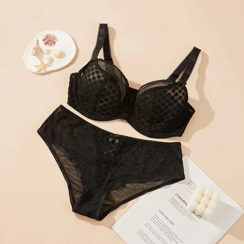 Women Curvy Plus Size Polka Dot Mesh Lace Bra Panty Set Underwire Support Full Figure Big Cup E F G H I Breathable Lingerie 2pcs
