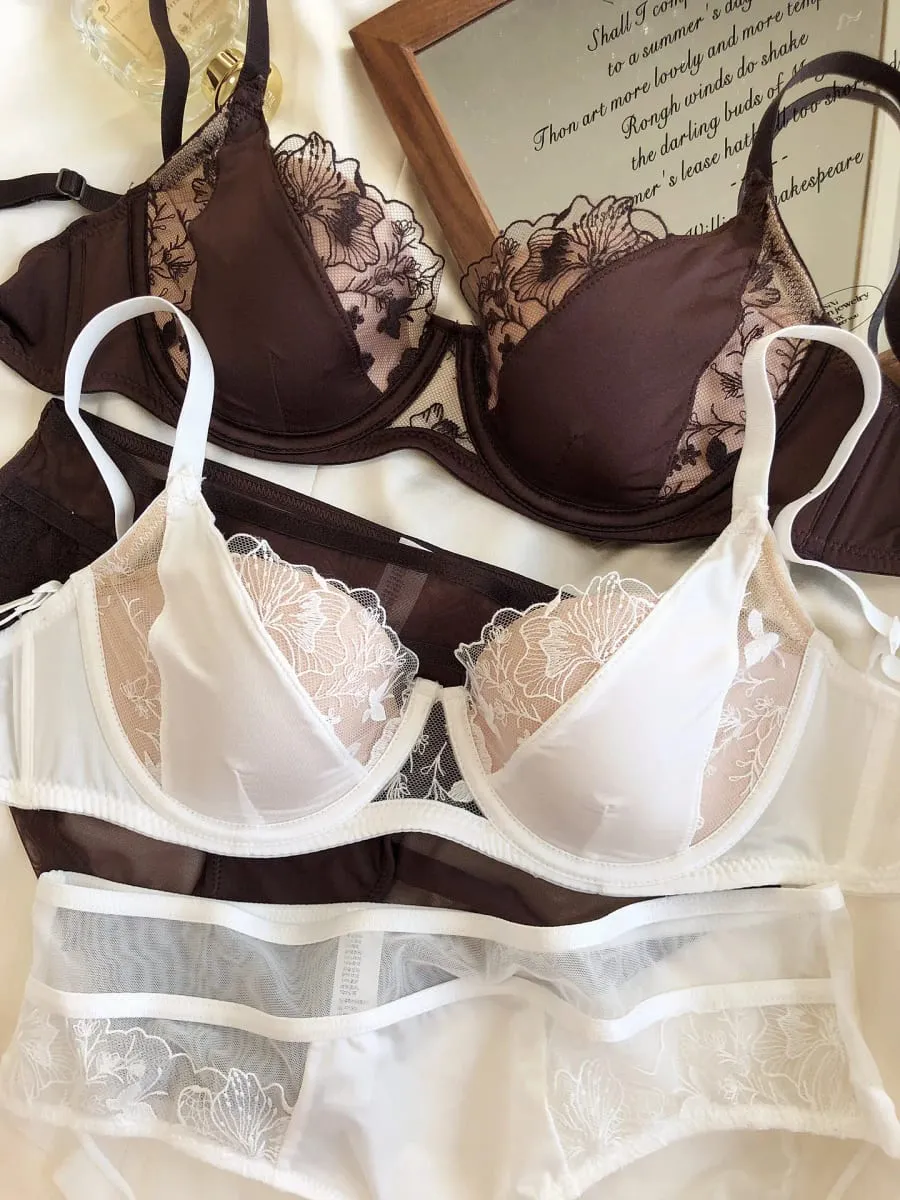 Sexy Lace Women Lingerie French Flowers Embroidery Bra Set Breathable Mesh Splicing Push Up Bras Hollow Thin Cup Underwear Sets