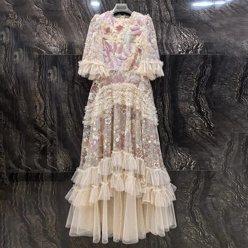Mode Rosa Broderade Paljetter Klänning Damer Rund Hals Volanger Halva ärmar Ankellånga Klänningar Ny 3A132