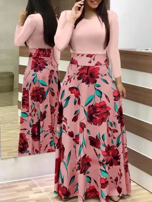 2024 Vestido de manga corta a juego con estampado de flores de estilo europeo y americano para mujer, falda con vuelo grande