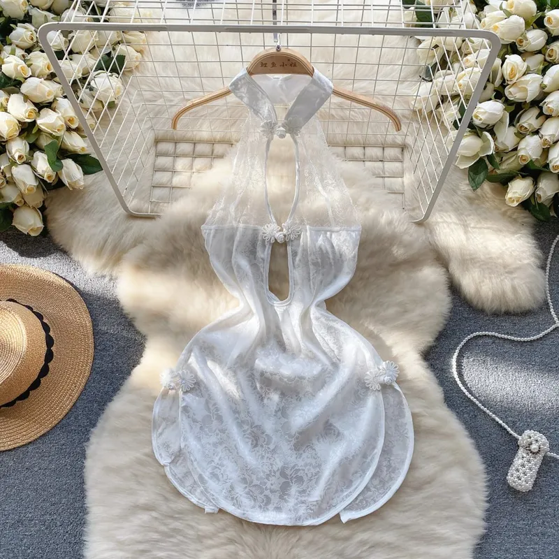 Women Sensual Lace Dress Women V-Neck Open crotch Slim Comfortable Dress Fashion Breathable Sheer Mesh Short Dress New