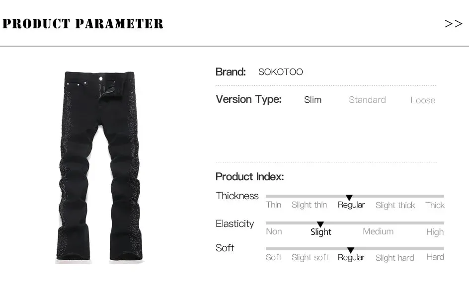 Men's Flared Denim Jeans Punk Crystal Rivet Stretch Black Cotton Spandex Pants Slim Boot Cut Trousers