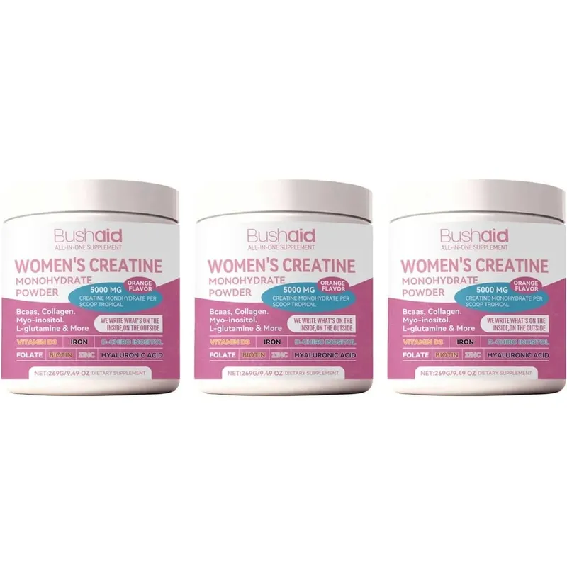 BushAid Women's Creatine Monohydrate Powder 5000mg 269G Orange Flavor with BCAA Muscle Strength Workout Support 30 Servings