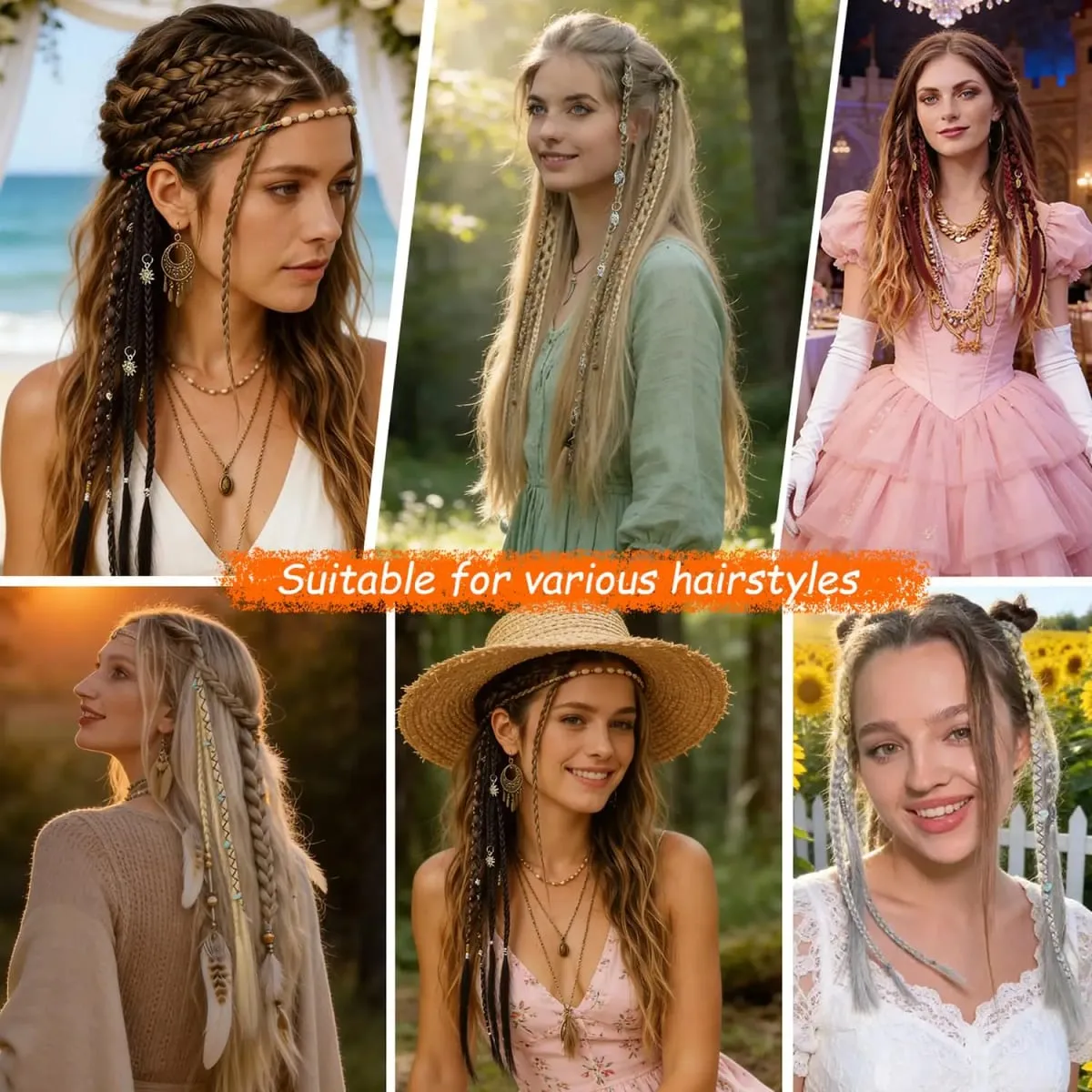2Pcs Clip in Braided Hair Extensions for Women 16/20 Inch Handmade Synthetic Boho Clip in Braid Hairpieces with Beads & Charms