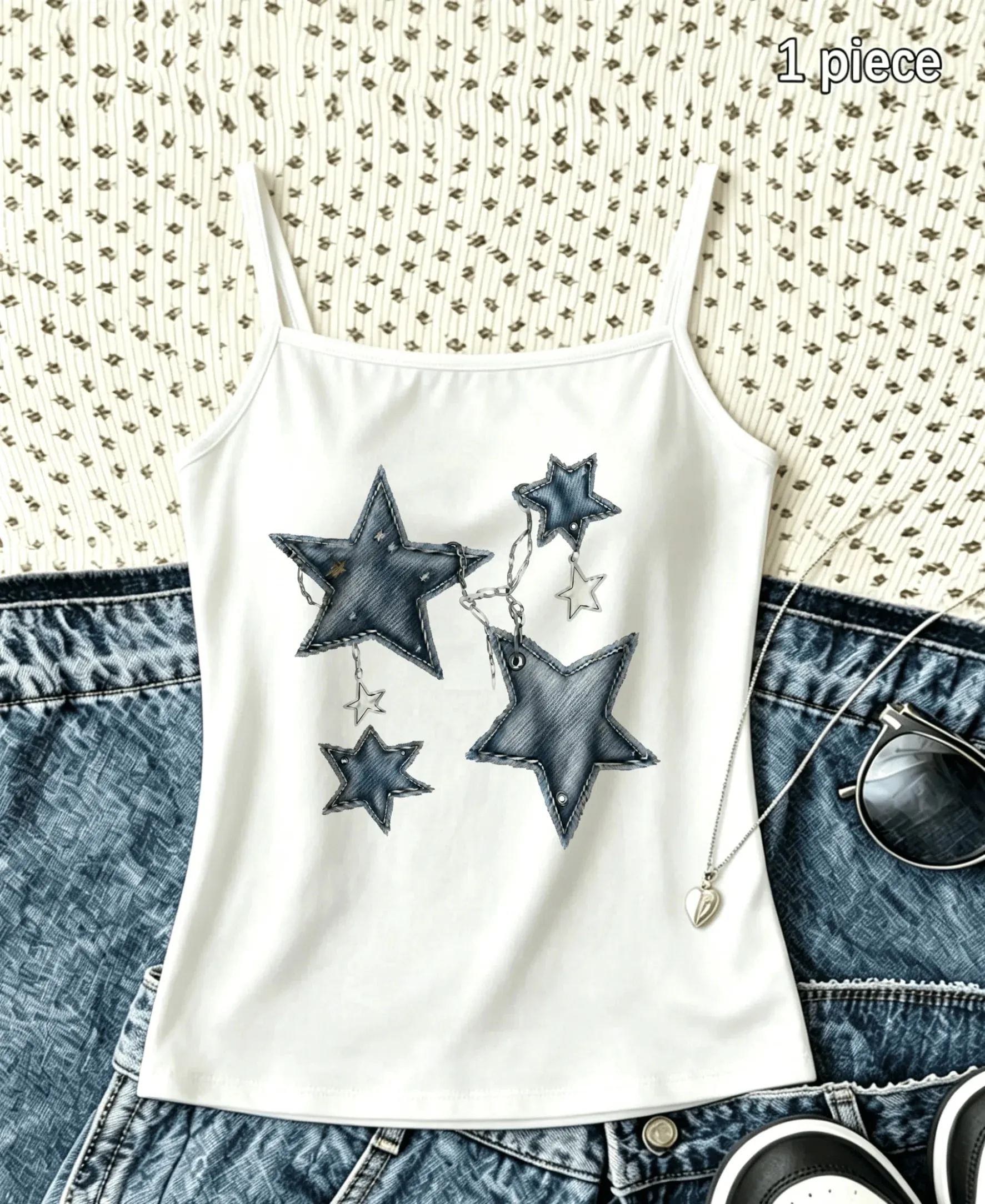 Y2K Women Tank Top Vintage Denim Star Pendant Graphic Spaghetti Strap Camisole Summer Beach Sleeveless Black White Vest Shirt