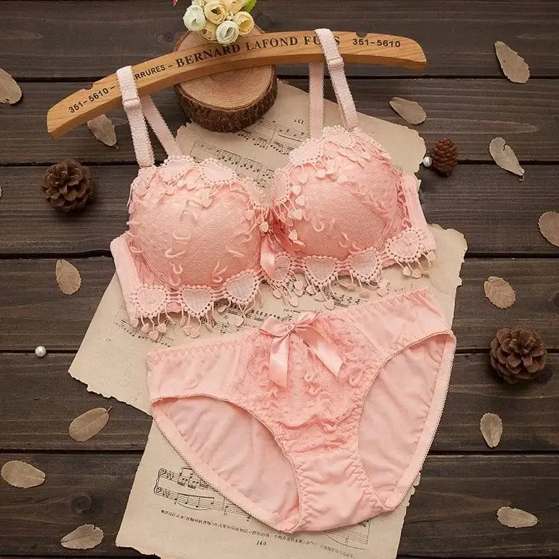 Women Lingerie Set Underwire Tassel Lace Push‑Up Bra With Removable Pads Bow Soft Multi‑Color Comfort Ladies Intimate Underwear