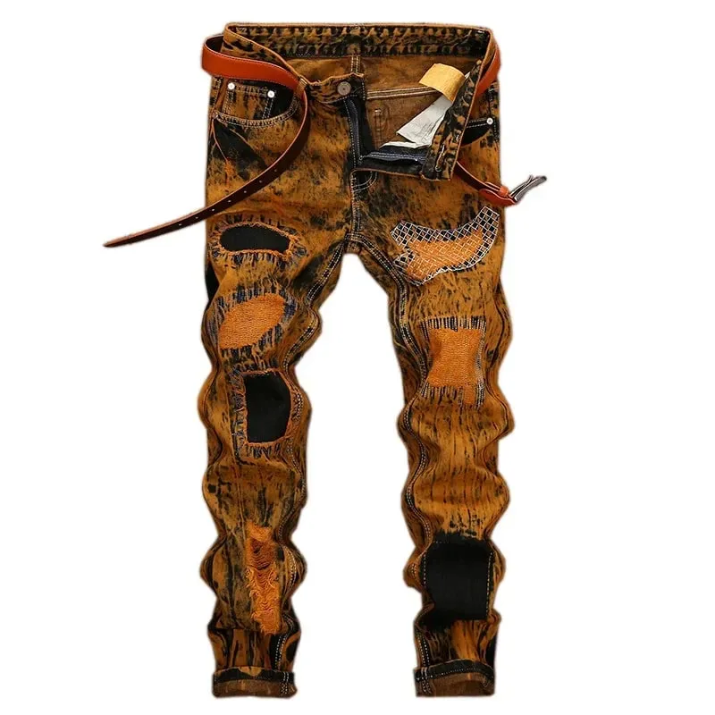 Herfst nieuwe vintage jeans heren gescheurde rechte slim-fit jeans patchwork gepersonaliseerde noodlijdende hiphop streetwear herenkleding