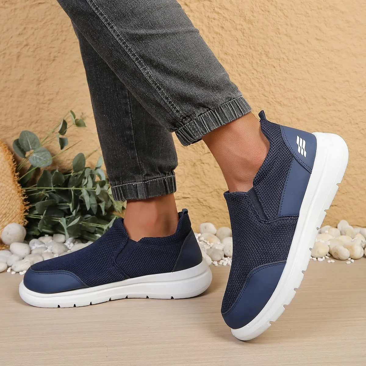 Men's slip-on hollow mesh walking loafers spliced smooth toe overlay dual elastic side gussets block segmented white outsole d