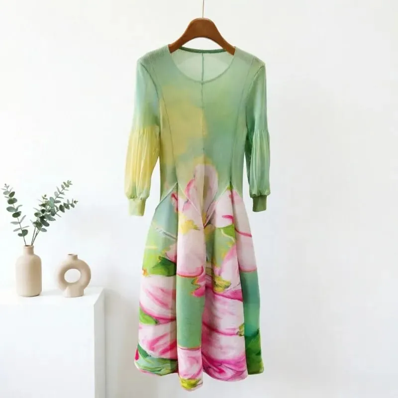 Miyake Plissee Kleider 2026 Herbst Neue Sanfte Französisch Druck Elegante Stretch Plus Größe frauen Langarm Bounce Blume Knospe kleid