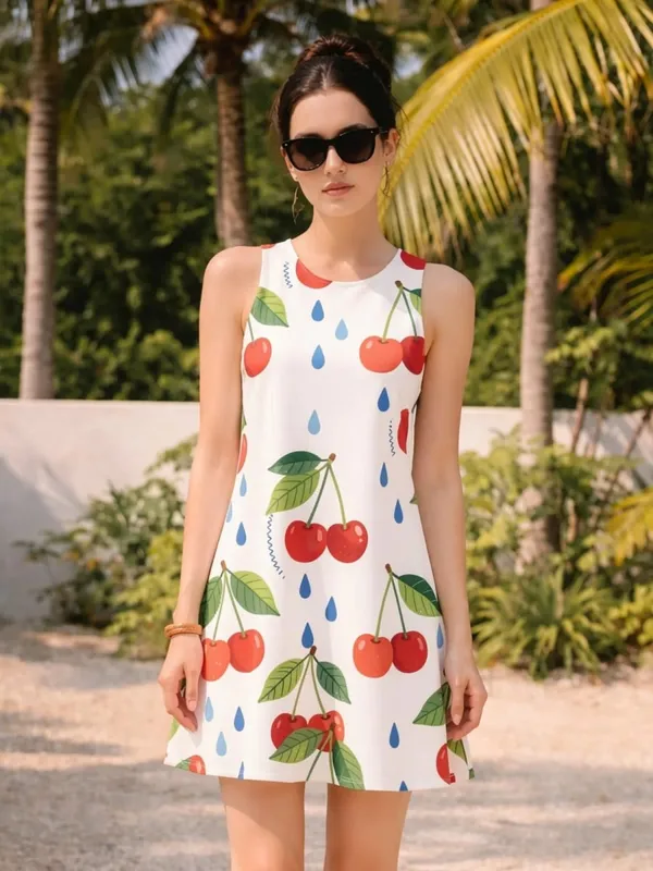 Womens Floral Sleeveless A Line Mini Dress Round Neck Vacation Dress for Resort Photos Cafe Date and Everyday Wear Comfort