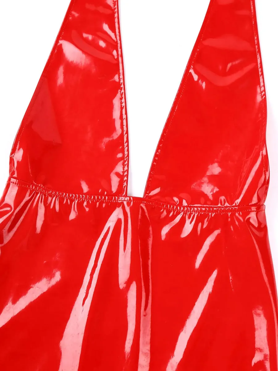 Abito aderente lucido da donna Effetto bagnato Chiusura con cerniera in pelle verniciata Scollo a V Mini abito attillato senza schienale per Rave Party in discoteca