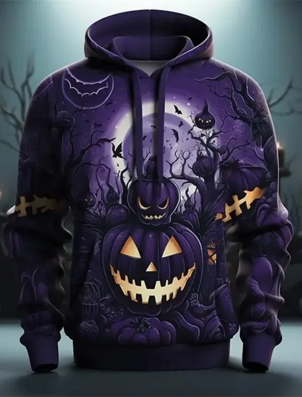 Halloween Purple Pumpkin hoodie pullover 3d tryckmönster par män kvinnor halloween karneval kostym fest avslappnad varje dag