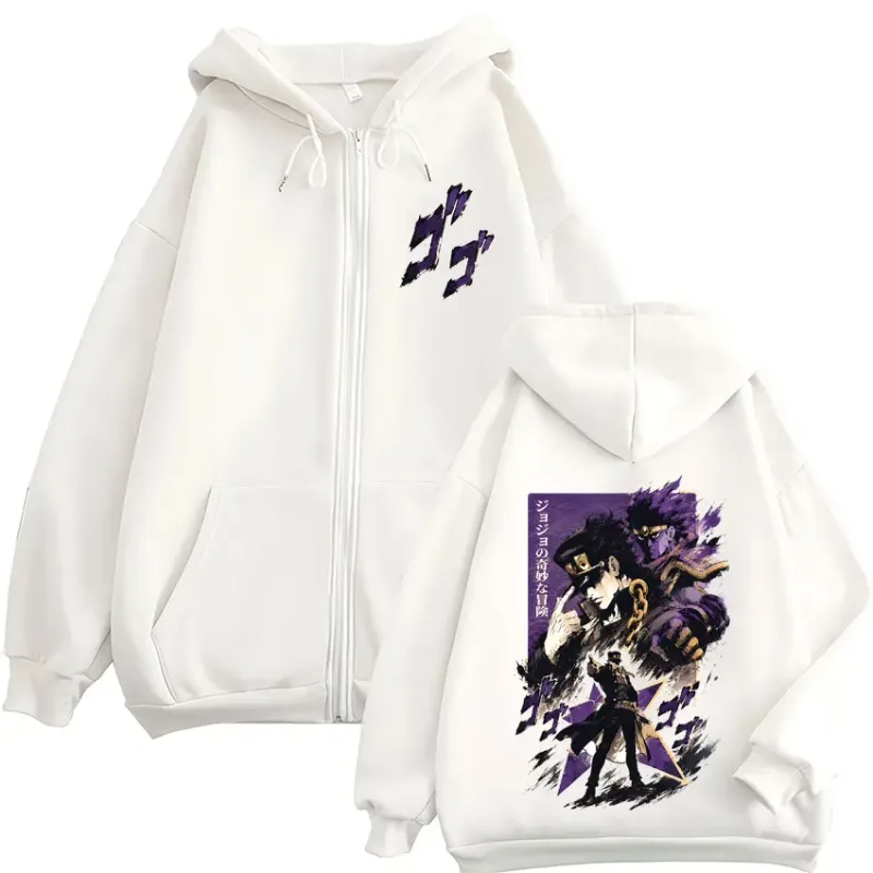 Anime JoJo Bizarre Adventure Kujo Jotaro Zipper Hoodies Men Women Clothing Fashion Casual Zip Up Hooded Sweatshirts Jackets Coat