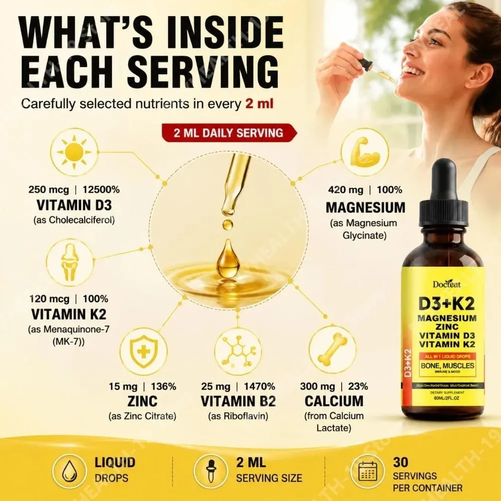 Docteat D3+K2 Liquid Drops with Magnesium Zinc & Vitamin D3 for Bone Health & Muscle Function Wellness Support Adults 60 ML