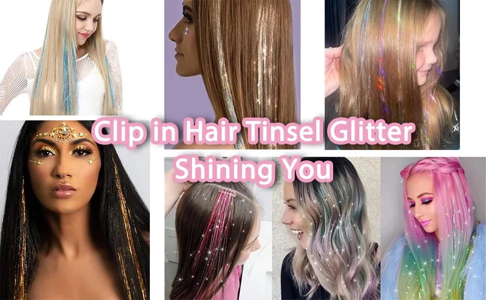 12Pcs Clip in Hair Tinsel Kit Red Hair Tinsel 22Inch Tinsel Hair Extensions Christmas Hair Tinsel Party Festival Accessories