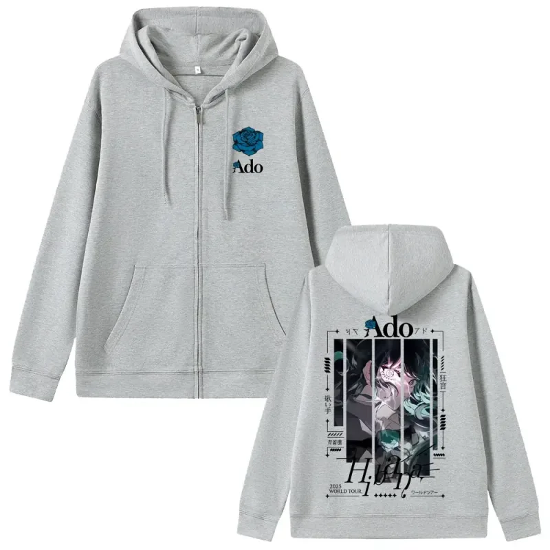 Ado Fashion Zipper Hoodie Men Women Hip Hop High Street Y2K Casual Zip-up Coat Autumn Winter Fleece Long Sleeve Sweatshirts