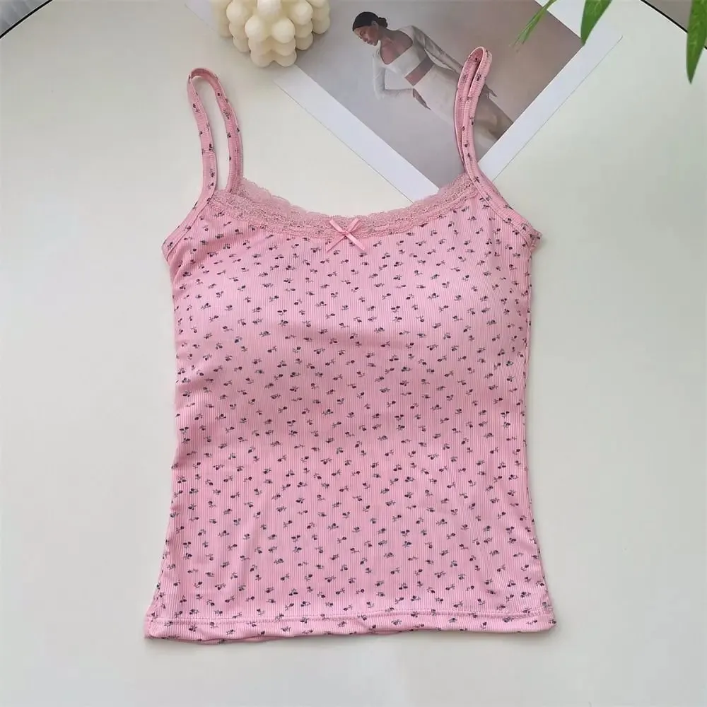 Sweet Floral Tops Lace Flower Print Camis Slim Y2K Short Tank Tops Elegant Camisole Sexy Vest Spring
