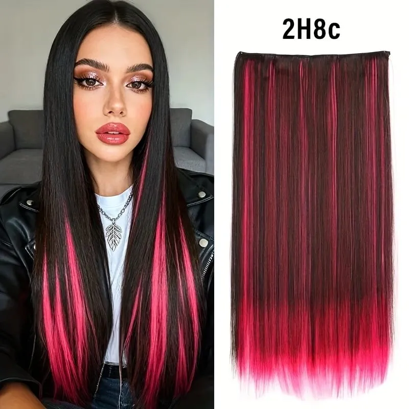 Synthetic 24Inch Long Straight 5 Clips Colorful Highlight Hair Extension Natural Soft Silky Hairpiece for Women Daily Use