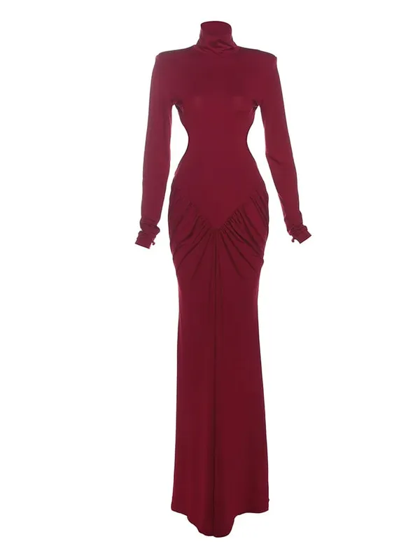 Robe Maxi dos nu pour femmes, épaulettes, manches longues, sans taille, fesses de pêche froncées, élégantes, slim, pour Banquet